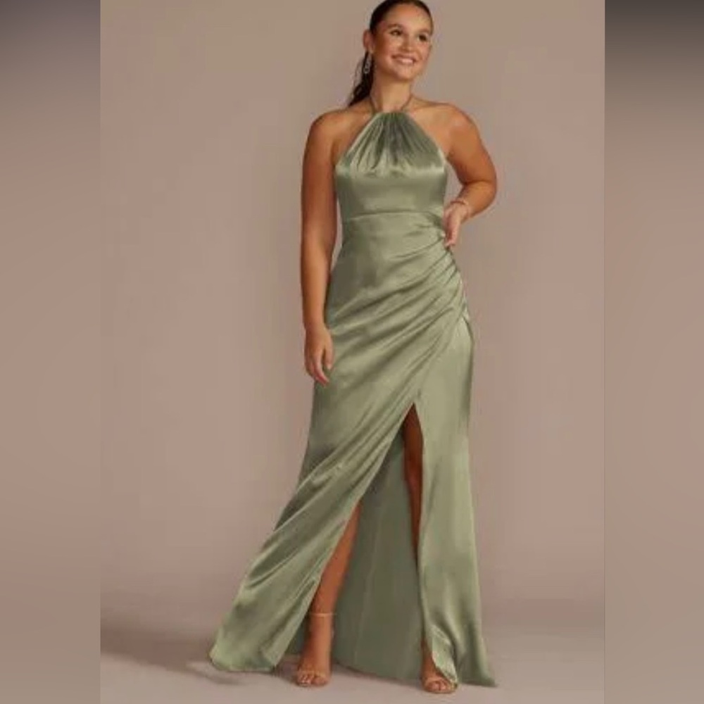 David’s Bridal - Tie-neck charmeuse halter sage green bridesmaid dress